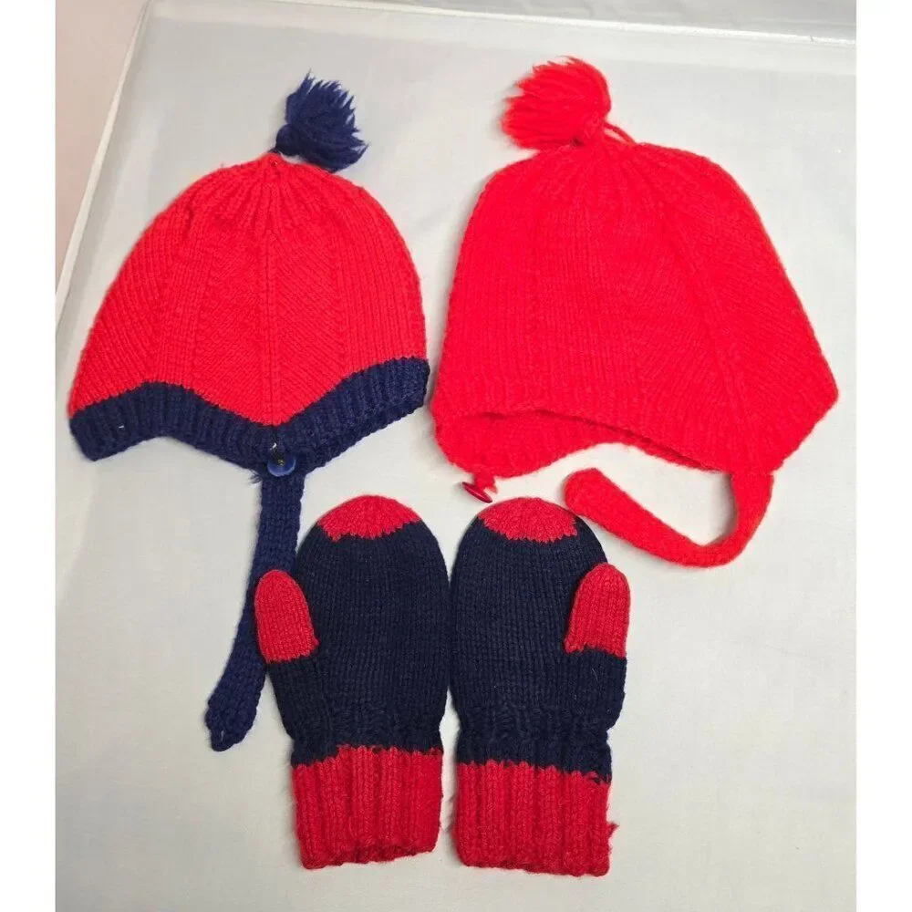 Red & Navy Baby Knit Hats With Pom-Poms & Mittens Set vintage Handmade